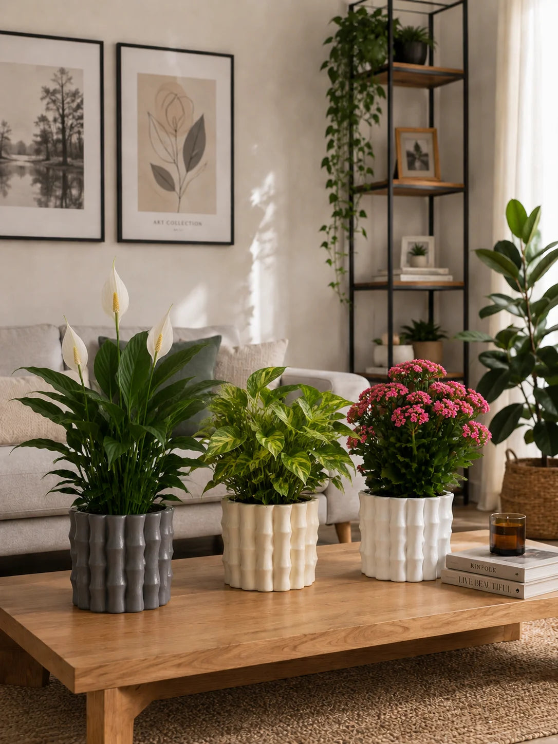 Üçlü Bambu dekoratif beton saksı kompozisyonu, modern bitki dekorasyonu
