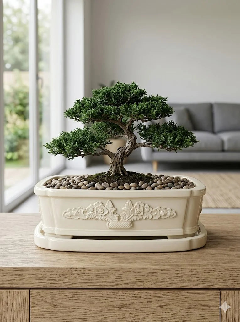 Krem Bonsai dekoratif beton saksı, bonsai ağacıyla zarif salon dekorasyonu