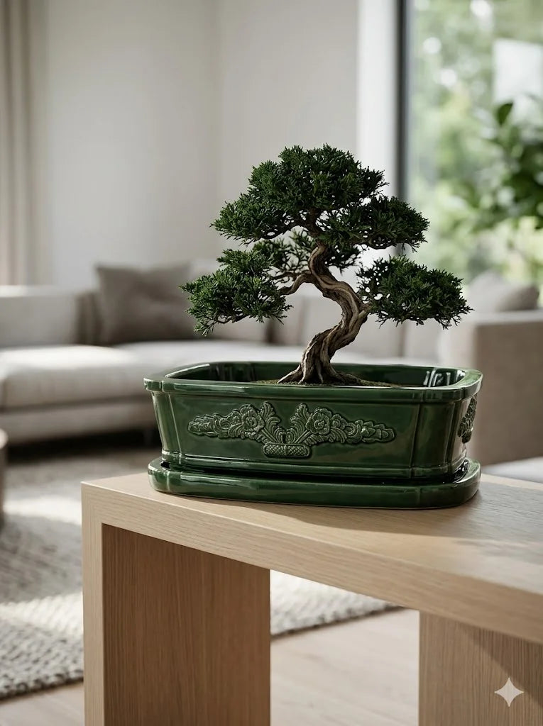 Yeşil Bonsai dekoratif beton saksı, bonsai ağacıyla doğal iç mekân dekorasyonu