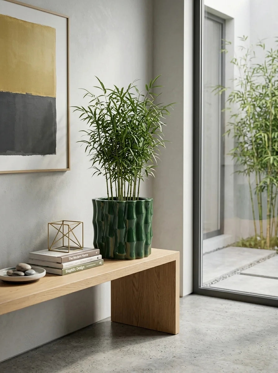 Bambu dekoratif beton saksı, modern ev dekorasyonunda bitki köşesi
