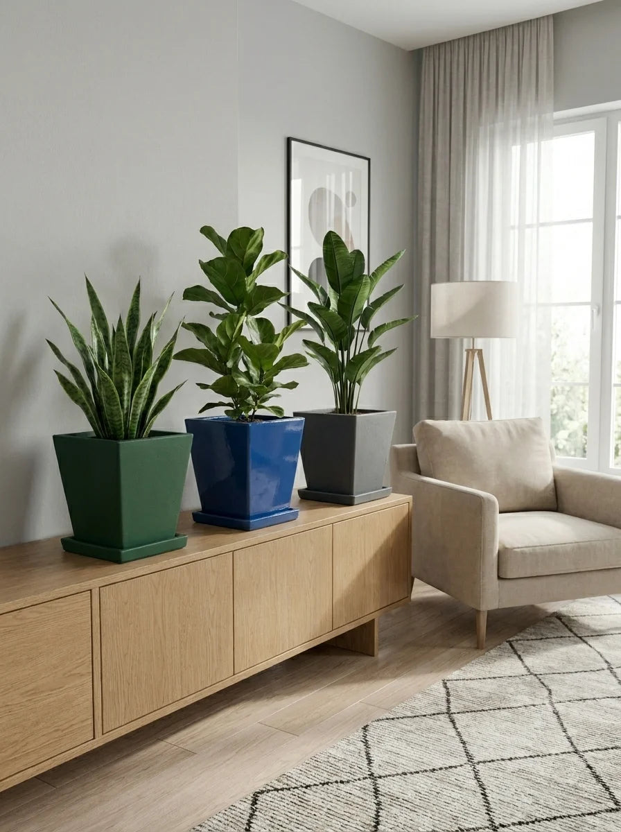 Üçlü Nexa dekoratif beton saksı, uzun bitkiyle modern salon dekorasyonu