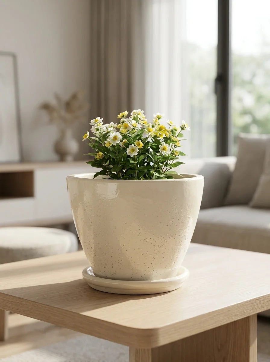 Nova el yapımı dekoratif beton saksı, yeşil bitkiyle sade ev dekorasyonu