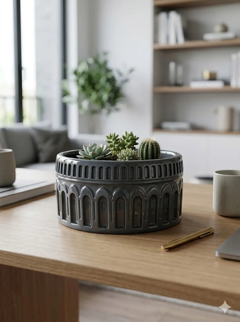 Gri Roma dekoratif beton saksı, sukulent bitkiyle modern dekorasyon