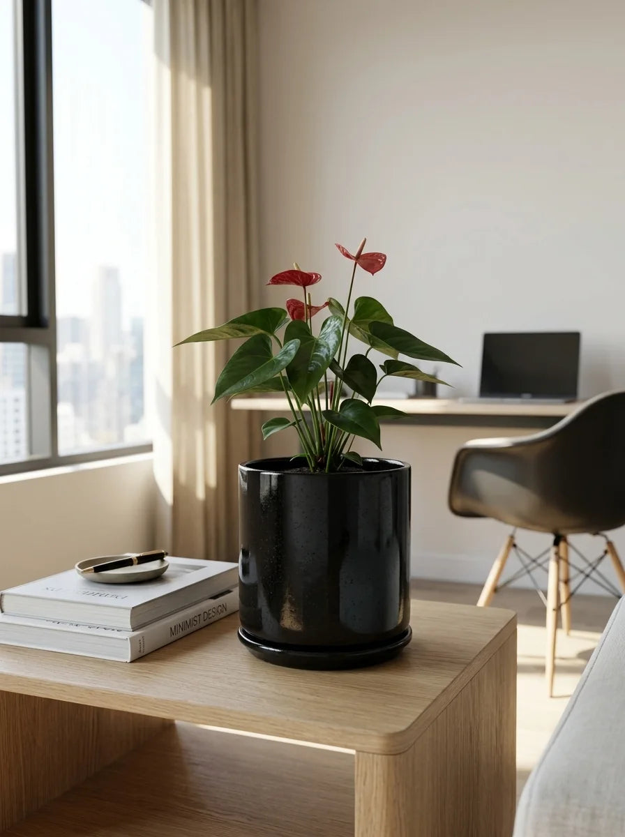 Siyah Softa dekoratif beton saksı, çiçekli bitkiyle modern ofis dekorasyonu